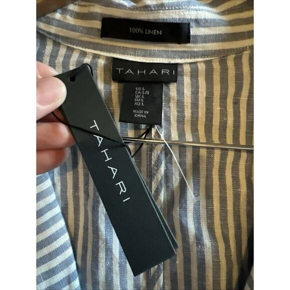 Tahari Blazer Women L Blue White Striped Linen Two Button Preppy Timeless Jacket - Picture 6 of 8